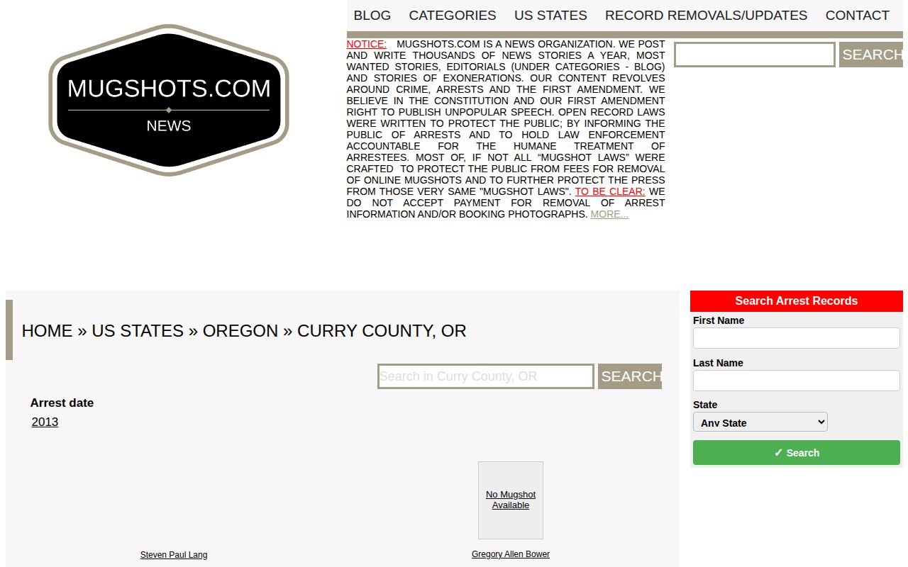 Mugshots.com Curry County archive showing stale third-party index context